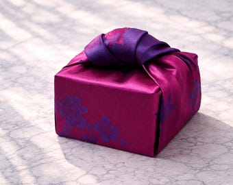 Magenta & Violet Reversible Floral Bojagi Wrapping Cloth – Korean Satin Gift Wrap for Corporate Gifts, Wedding, or Event Packaging