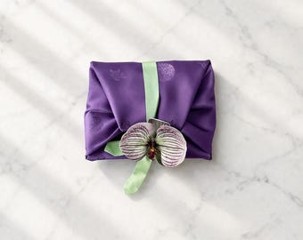 Purple Silk Bojagi Gift Wrap with Orchid | Korean Fabric Wrapping for Wedding, Party Favor, Luxury Gift, Eco Friendly Reusable Wrap