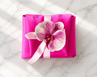 Magenta Silk Bojagi Gift Wrap with Orchid | Korean Fabric Wrapping for Wedding, Party Favor, Luxury Gift, Eco Friendly Reusable Wrap