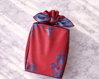Red & Teal Blue Reversible Floral Bojagi Wrapping Cloth – Korean Satin Gift Wrap for Corporate Gifts, Wedding, or Event Packaging