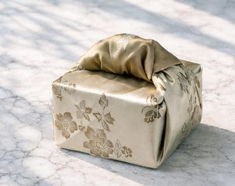 Beige & Khaki Reversible Floral Bojagi Wrapping Cloth – Korean Satin Gift Wrap for Corporate Gifts, Wedding, or Event Packaging