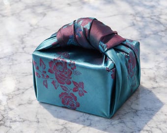 Teal Blue & Rose Reversible Floral Bojagi Wrapping Cloth – Korean Satin Gift Wrap for Corporate Gifts, Wedding, or Event Packaging