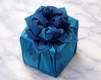 Floral Honolulu Blue Premium Bojagi Gift Wrap Set with Ribbon & Floral Brooch | Korean Wrapping Cloth for Corporate or Event Gifting