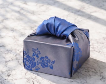 Silver & Blue Reversible Floral Bojagi Wrapping Cloth – Korean Satin Gift Wrap for Corporate Gifts, Wedding, or Event Packaging