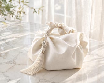 Ivory Silk Bojagi Gift Wrap with Norigae Tassel Set | Korean Fabric Wrapping | Wedding & Corporate Gift Packaging