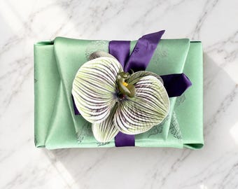 Green Silk Bojagi Gift Wrap with Orchid | Korean Fabric Wrapping for Wedding, Party Favor, Luxury Gift, Eco Friendly Reusable Wrap