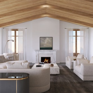 May include: A modern living room with a neutral color palette. Features include a large sectional sofa, two armchairs, a marble fireplace, and a coffee table. The room has a wooden ceiling and large windows with sheer curtains.