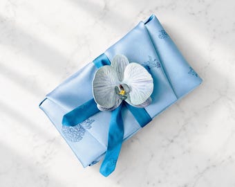 Sky Blue Silk Bojagi Gift Wrap with Orchid | Korean Fabric Wrapping for Wedding, Party Favor, Luxury Gift, Eco Friendly Reusable Wrap
