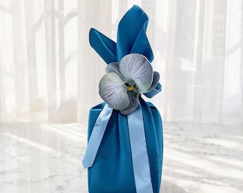 Blue Silk Bojagi Gift Wrap with Orchid | Korean Fabric Wrapping for Wedding, Party Favor, Luxury Gift, Eco Friendly Reusable Wrap