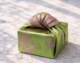 Green & Rosewood Reversible Floral Bojagi Wrapping Cloth – Korean Satin Gift Wrap for Corporate Gifts, Wedding, or Event Packaging