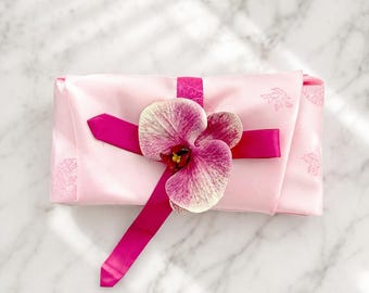 Baby Pink Silk Bojagi Gift Wrap with Orchid | Korean Fabric Wrapping for Wedding, Party Favor, Luxury Gift, Eco Friendly Reusable Wrap