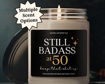 Funny Happy 50th Birthday Gift for Women Still Badass at 50 Milestone Candle Mom Sister BFF Friend Turning 50 Years Old Bday Present for Her