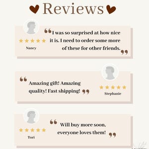 May include: Three customer reviews with five-star ratings and positive comments about a product. The reviews include "I was so surprised at how nice it is. I need to order some more of these for other friends." "Amazing gift! Amazing quality! Fast shipping!" and "Will buy more soon, everyone loves them!"