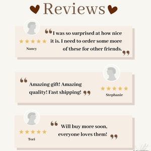 May include: Three customer reviews with five-star ratings and positive comments about a product. The reviews include "I was so surprised at how nice it is. I need to order some more of these for other friends." "Amazing gift! Amazing quality! Fast shipping!" and "Will buy more soon, everyone loves them!"