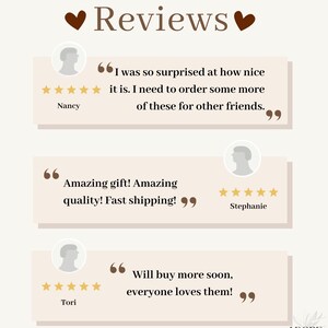 May include: Three customer reviews with five-star ratings and positive comments about a product. The reviews include "I was so surprised at how nice it is. I need to order some more of these for other friends." "Amazing gift! Amazing quality! Fast shipping!" and "Will buy more soon, everyone loves them!"