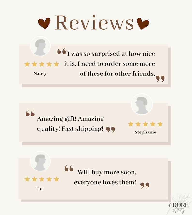 May include: Three customer reviews with five-star ratings and positive comments about a product. The reviews include "I was so surprised at how nice it is. I need to order some more of these for other friends." "Amazing gift! Amazing quality! Fast shipping!" and "Will buy more soon, everyone loves them!"