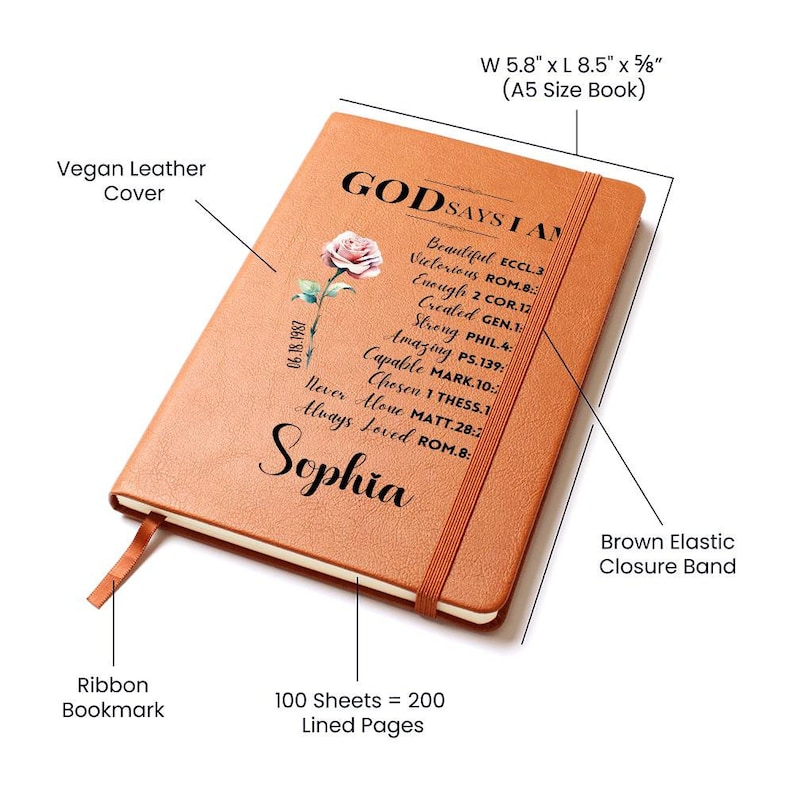 Puede incluir: Un diario de cuero vegano marr&oacute;n con un dise&ntilde;o de rosa y el texto "GOD SAYS I AM" con una lista de afirmaciones positivas. El diario tiene un marcap&aacute;ginas de cinta, una banda de cierre el&aacute;stica y mide 14,7 cm de ancho por 21,6 cm de largo. Contiene 100 hojas de papel rayado.