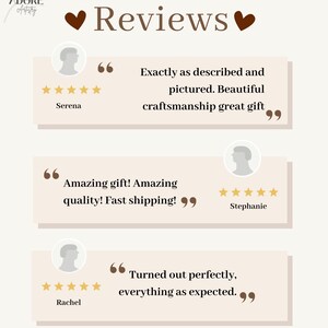 K&ouml;nnte beinhalten: Grafik mit dem Wort "Reviews" und Herzsymbolen. Kundenbewertungen werden in Sprechblasen angezeigt, jeweils mit 5-Sterne-Bewertung und Zitat. Die Bewertungen erw&auml;hnen "beautiful craftsmanship" und "amazing gift".