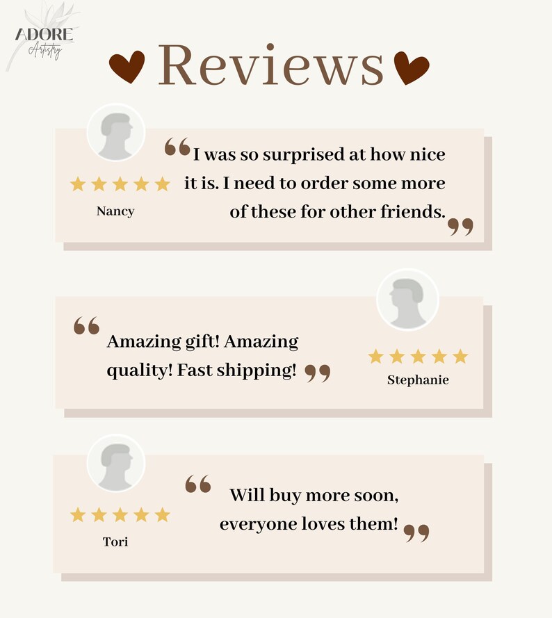 May include: A graphic with the word "Reviews" in a brown font, with heart symbols. Three customer reviews are displayed, each with a customer's name and a 5-star rating. The reviews praise the product's quality and the fast shipping.
