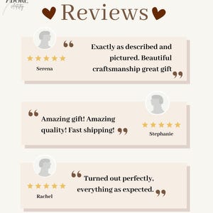 以下が含まれることがあります： 茶色の「Reviews」という文字とハートの形が描かれたベージュ色のグラフィック。顧客のレビューが星評価と「説明通り」や「素晴らしい贈り物！」などの引用文とともに表示されています。