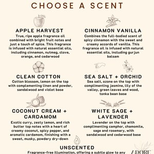 以下が含まれることがあります： 「CHOOSE A SCENT」と題された製品選択ガイド。さまざまな香りのオプションの説明があります。オプションには、Apple Harvest、Cinnamon Vanilla、Clean Cotton、Sea Salt + Orchid、Coconut Cream + Cardamom、White Sage + Lavender、Unscentedが含まれます。
