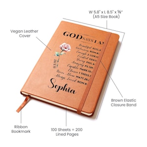 May include: A brown vegan leather journal with a rose design and the text "GOD SAYS I AM" with a list of positive affirmations. The journal has a ribbon bookmark, an elastic closure band, and measures 5.8 inches wide by 8.5 inches long. It contains 100 sheets of lined paper.