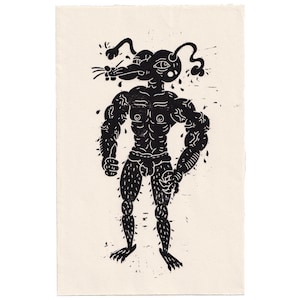 Original Hand-printed Linocut Print of a Quirky Dog Character
