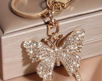 Sparkling Crystal Butterfly Keychain: Golden Accent Charm