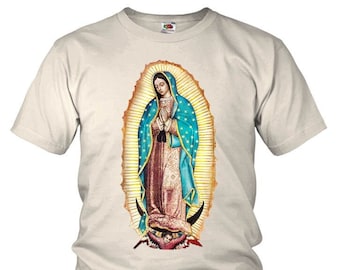 Notre-Dame de Guadalupe Vierge Marie v7 T-SHIRT Beige Naturel - Vêtements Traditionnels Catholiques - Impression DTG Toutes Tailles S à 5XL