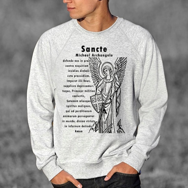 Vintage Saint Archangel Michael Heather grey Sweatshirt Lightweight Raglan Sweat Catholic Vintage Apparel DTG Print All Sizes S to 5XL