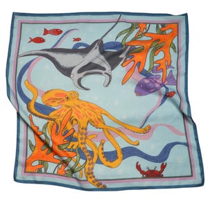 Marine Life Octopus Manta Illustration Square Bandana - Scarf - Neckerchief - Fabric Headband - Square 22 inch X 22 inch