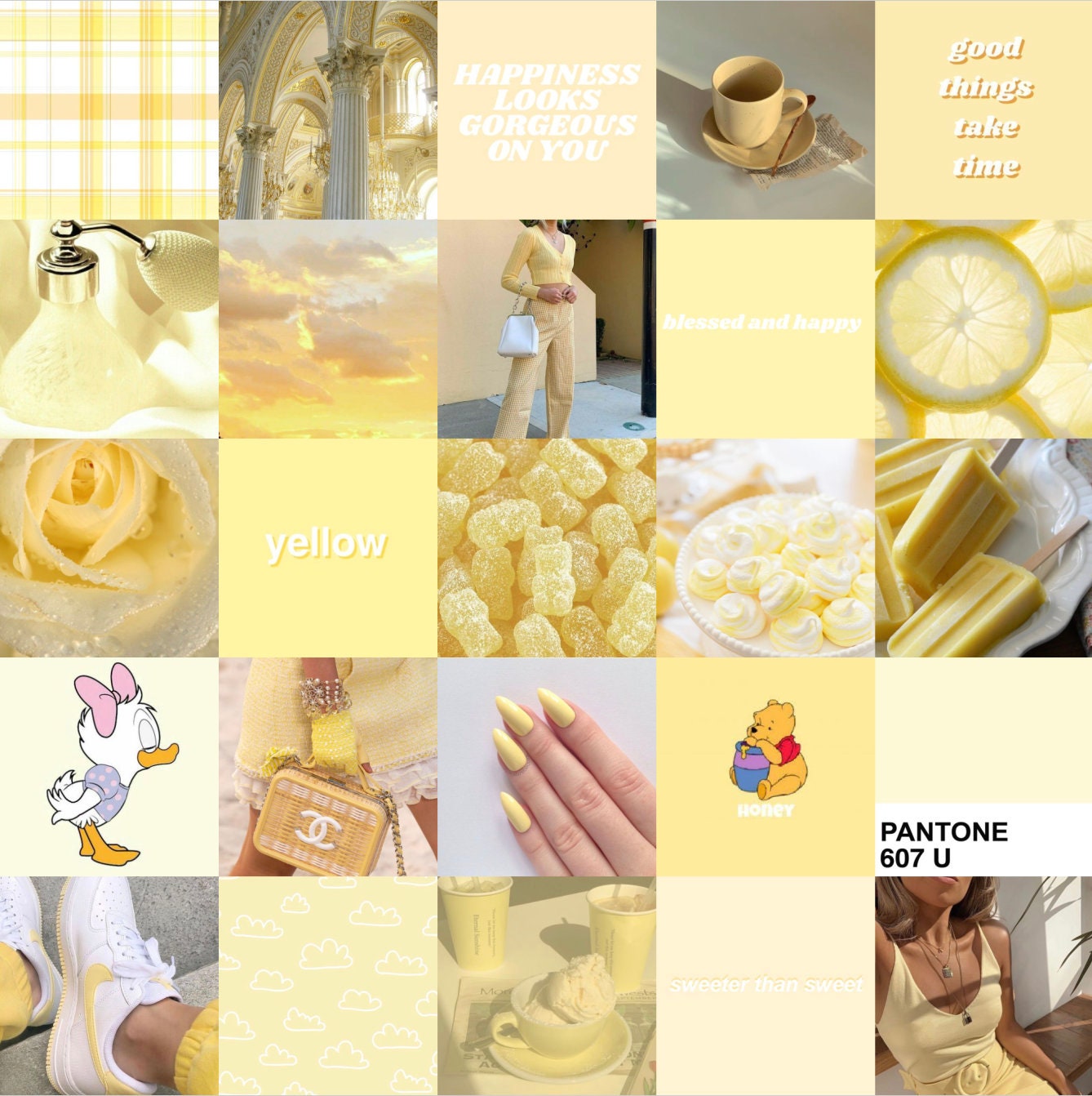 25 PCS Light/Pastel Yellow Aesthetic Photo Collage Kit Room Decor Wall Collage (DIGITAL DOWNLOAD)