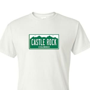 Castle Rock Colorado License Plate- T-Shirt:  Fun Tees / T-Shirt Gifts - Made in USA, Adult - Unisex Sizes, Cotton / Poly Blend