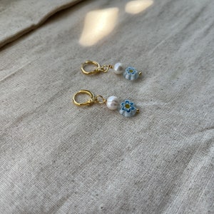 Light Blue and Yellow Millefiori and Freshwater Pearl Huggie Earrings | Millefiori Beaded Earrings | Freshwater Pearl Earrings