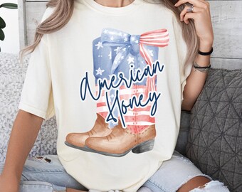 American Honey T-Shirt: Patriotic Cowboy Boots Graphic Tee
