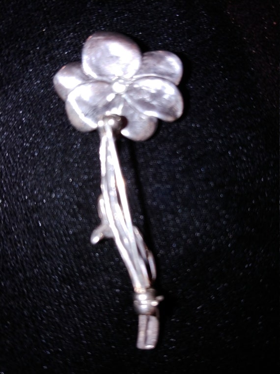 Vintage 625 silver flower and stem brooch pin - image 2