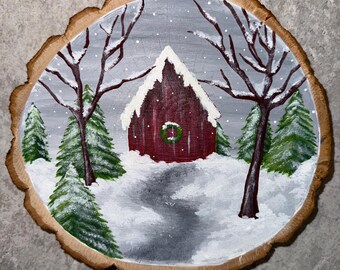 Snowy Barn - Hand Painted Wood Slice Holiday Decoration