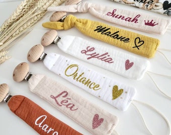 Attache tétine personnalisée prénom – gaze de coton bébé – cadeau naissance fille garçon