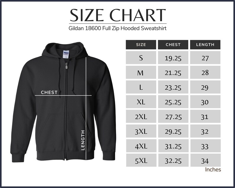 Pu&ograve; includere: Tabella delle taglie per una felpa con cappuccio con zip completa Gildan 18600. La tabella mostra le taglie dalla S alla 5XL con le misure di petto e lunghezza corrispondenti in pollici.