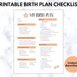 Afdrukbaar geboorteplan, sjabloon voor een natuurlijk geboorteplan met checklist, referentieblad van één pagina voor geboorte en bevalling