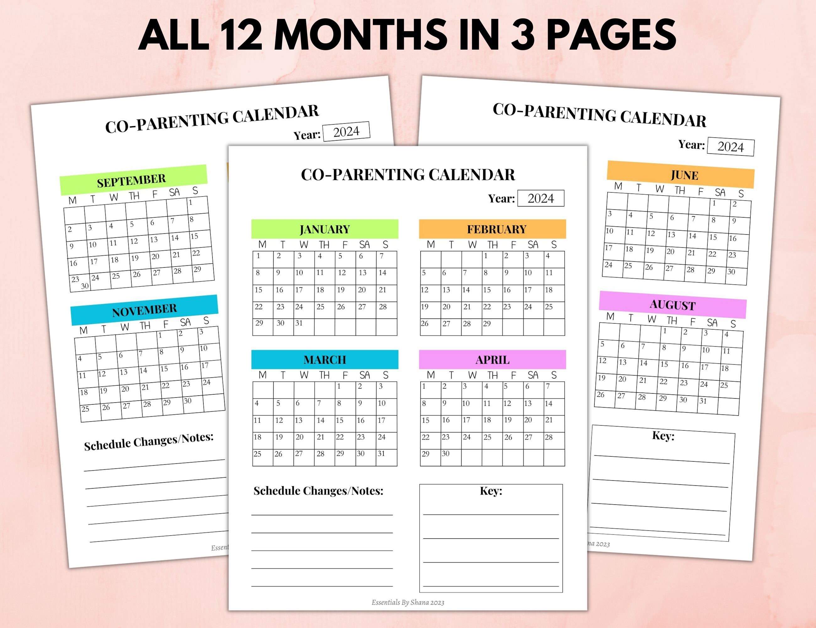 Printable Custody Calendar 2024 With Sunday and Monday Start, Co