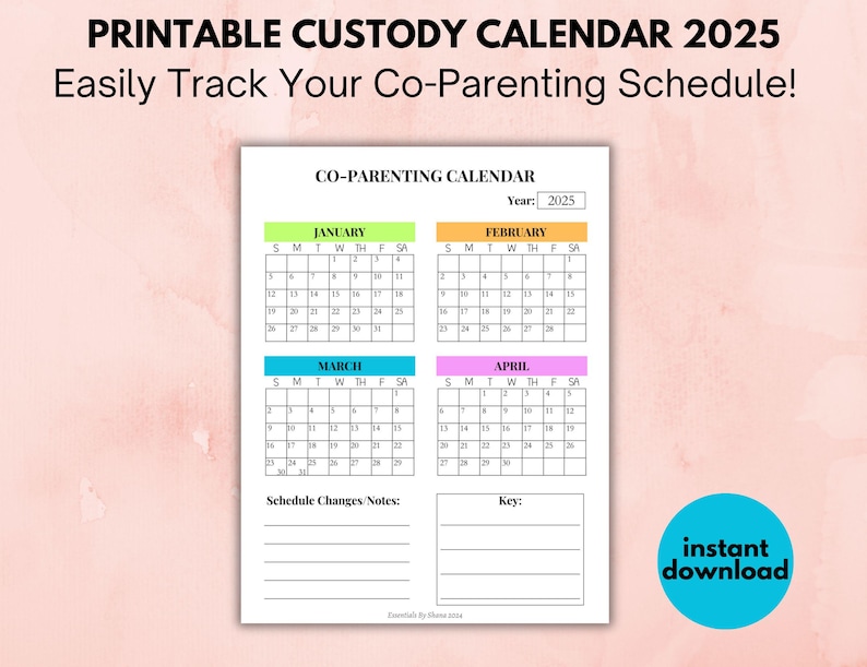 Printable Custody Calendar 2025 With Sunday Start, Co Parenting Calendar With Year at a Glance ...