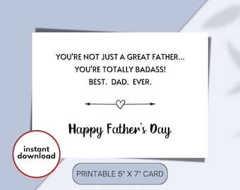 Funny Father's Day Card Printable, Badass Dad Card, Printable Fathers Day Card from Wife Daughter Son