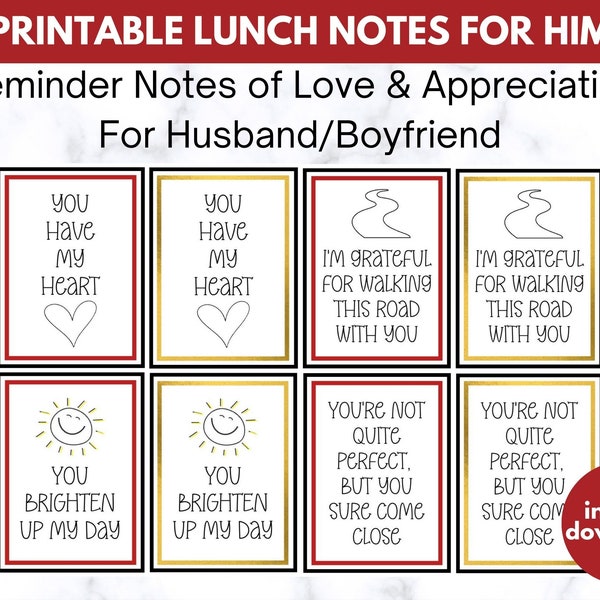 Printable Lunch Notes for Him, Husband Lunch Notes and Lunchbox Love Notes