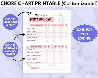 Printable Chore Chart, Personalized Responsibility Chart for Kids