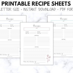 Printable Blank Recipe Pages for Handwritten Recipes and Recipe Books, Recipe Template Sheets for DIY Recipe Binder