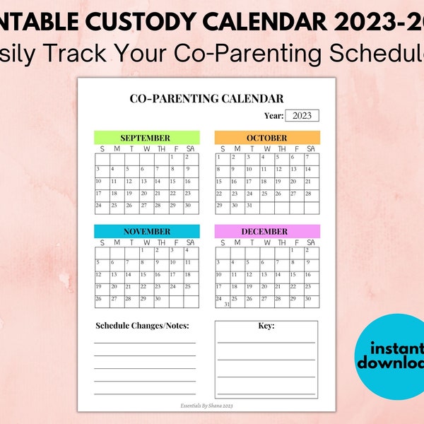 Printable Custody Calendar 2023-2024, Co Parenting Calendar with Year at a Glance Tracker, Custody Planner for Single or Divorced Parents