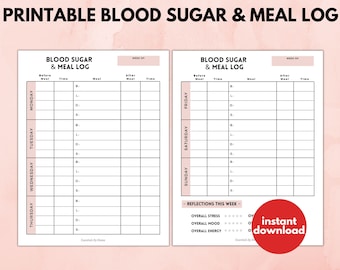 Printable Blood Sugar and Meal Log, Glucose Tracker (Digital Download)