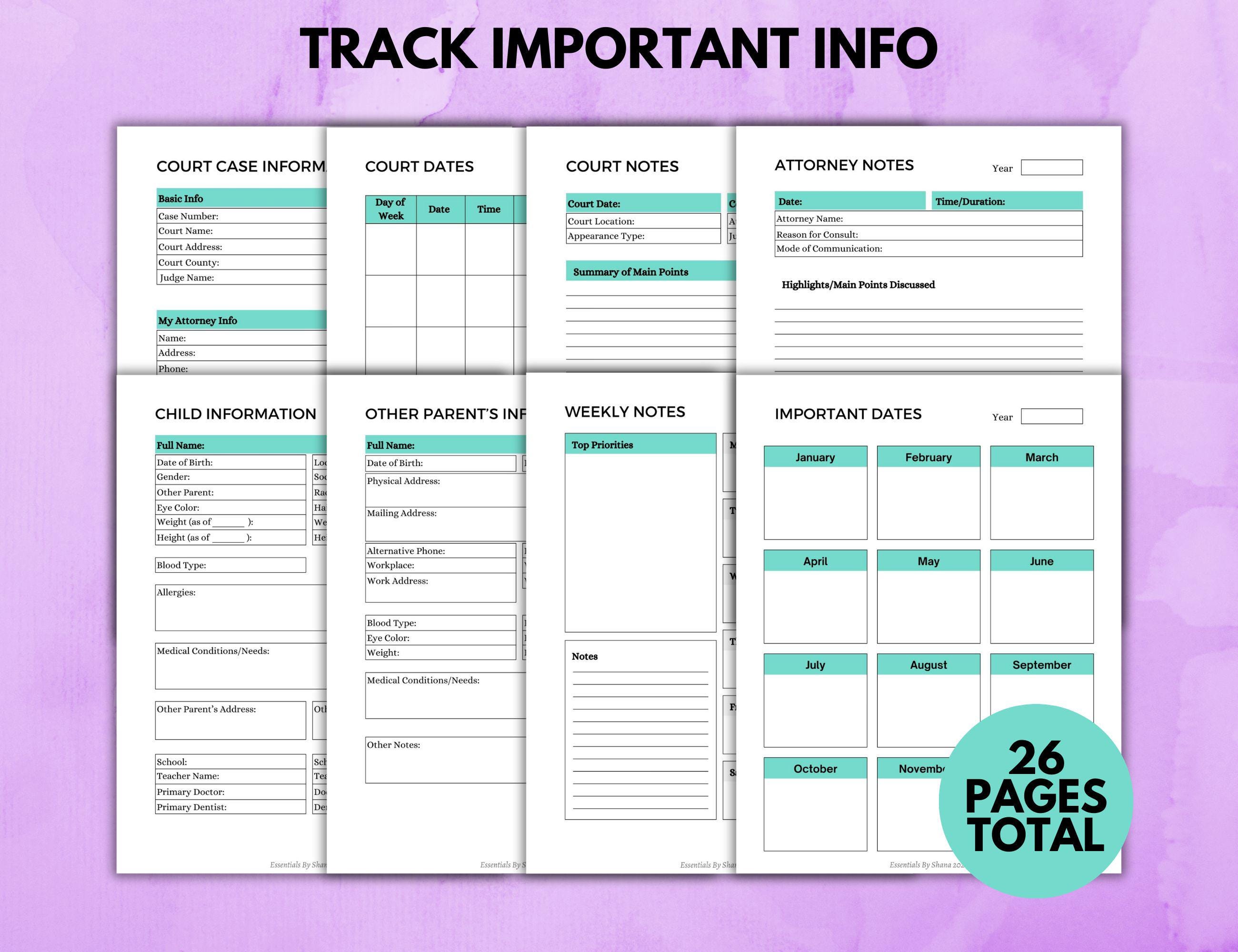 Custody Binder, Printable Planner & Organizer for Child Custody