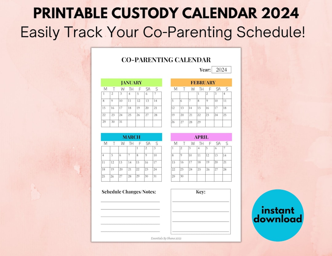 Printable Custody Calendar 2024 With Sunday and Monday Start, Co ...